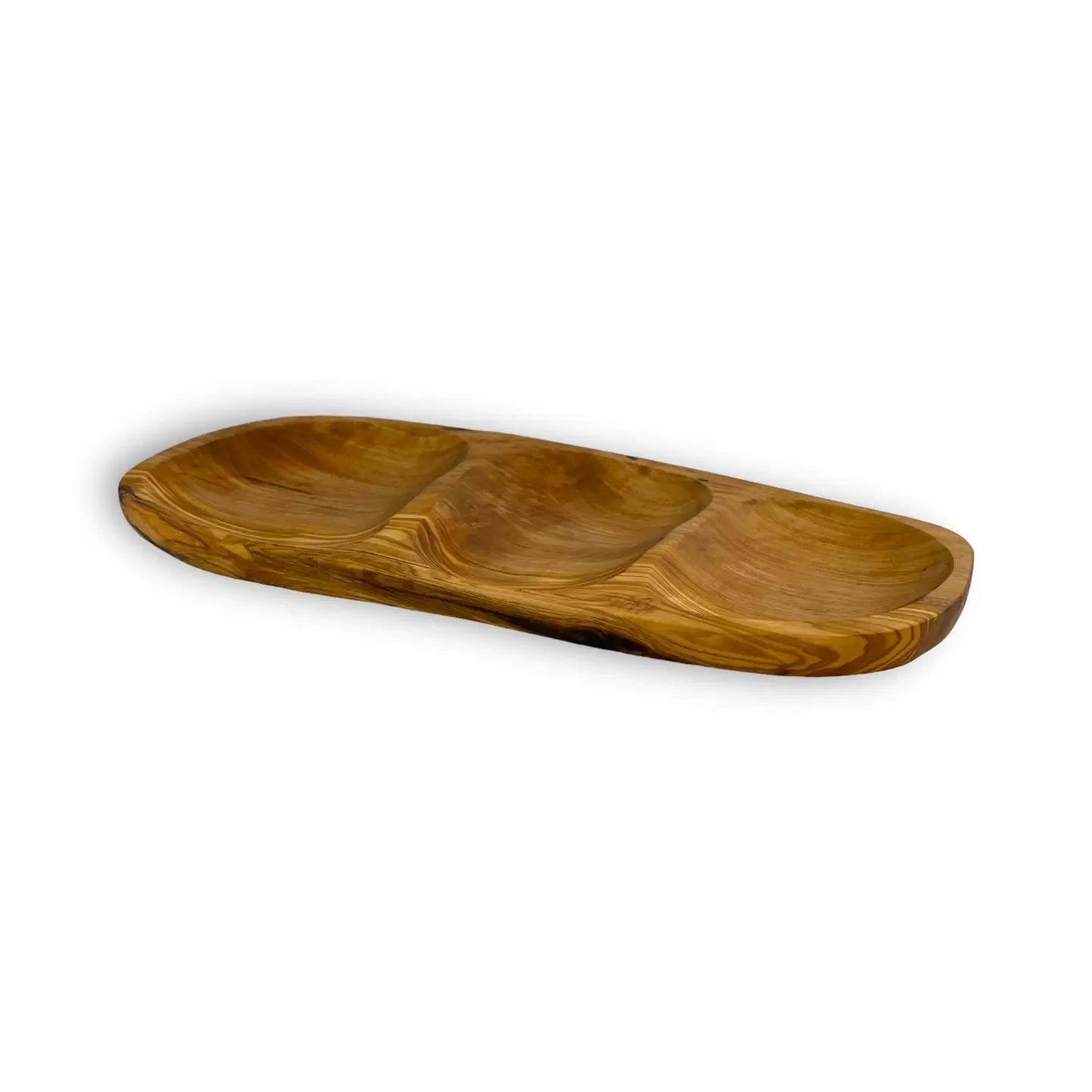 shallow wooden small tray for nuts or fruit with three sections