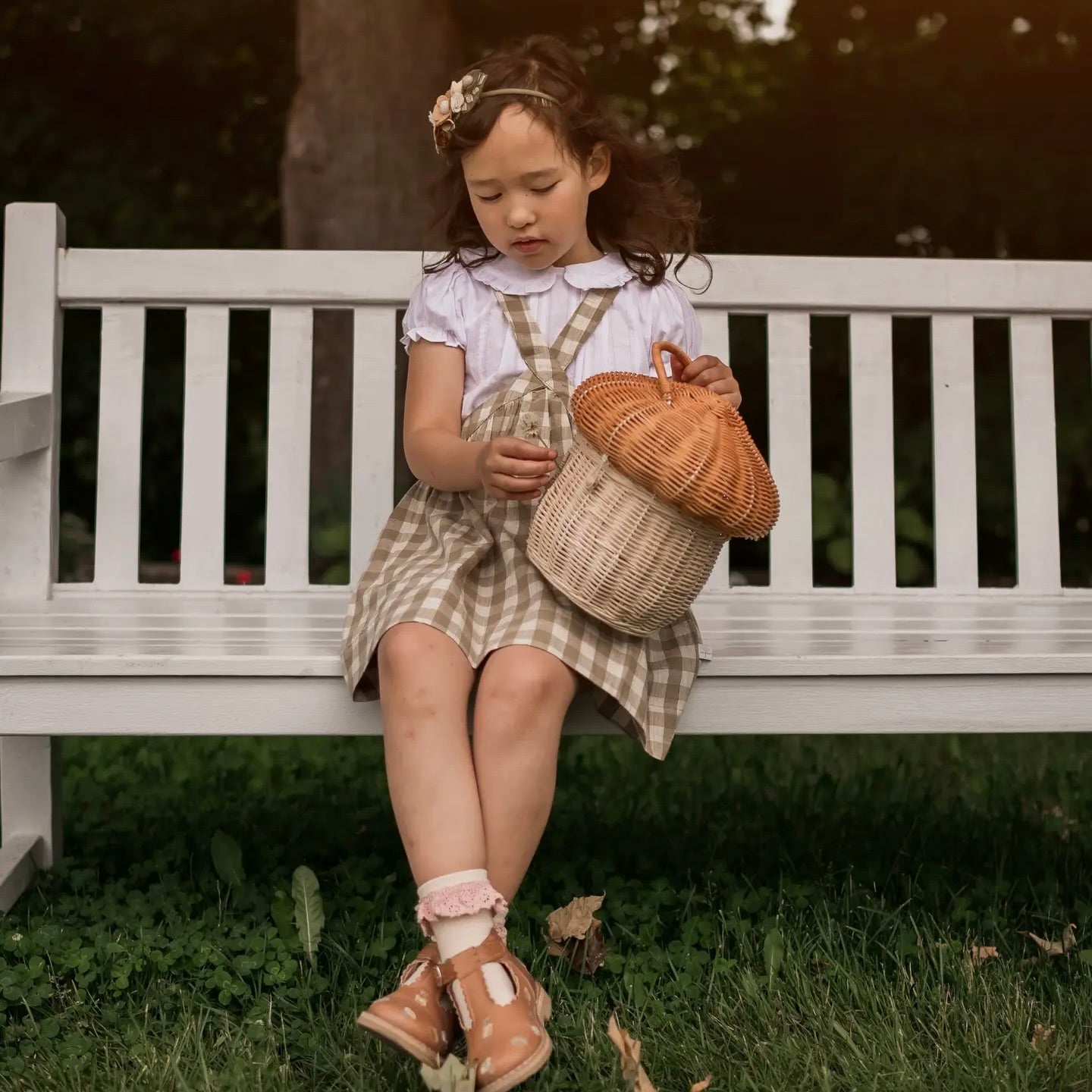 kid's olive green gingham pinafore dress