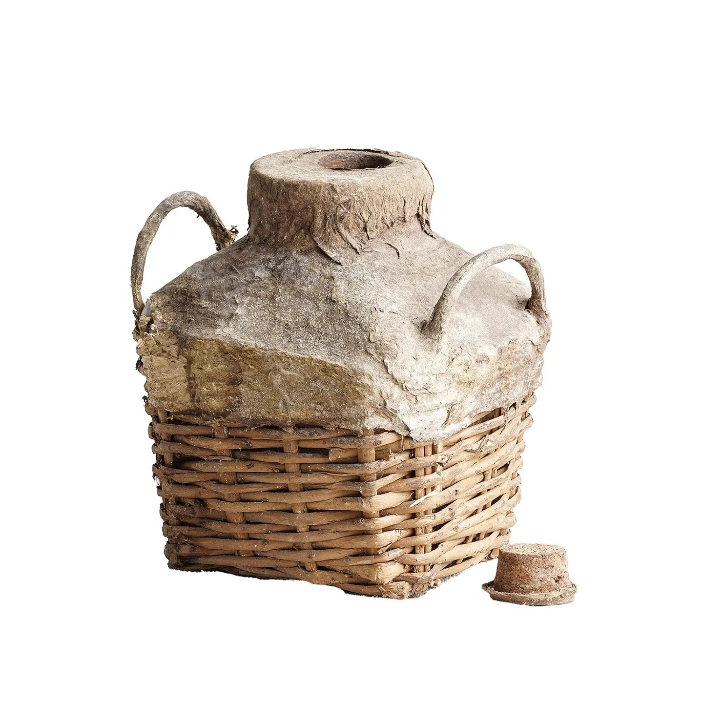 A vintage rice wine vessel made of woven willow reeds, with a patina of time and use, featuring a spout and handle.