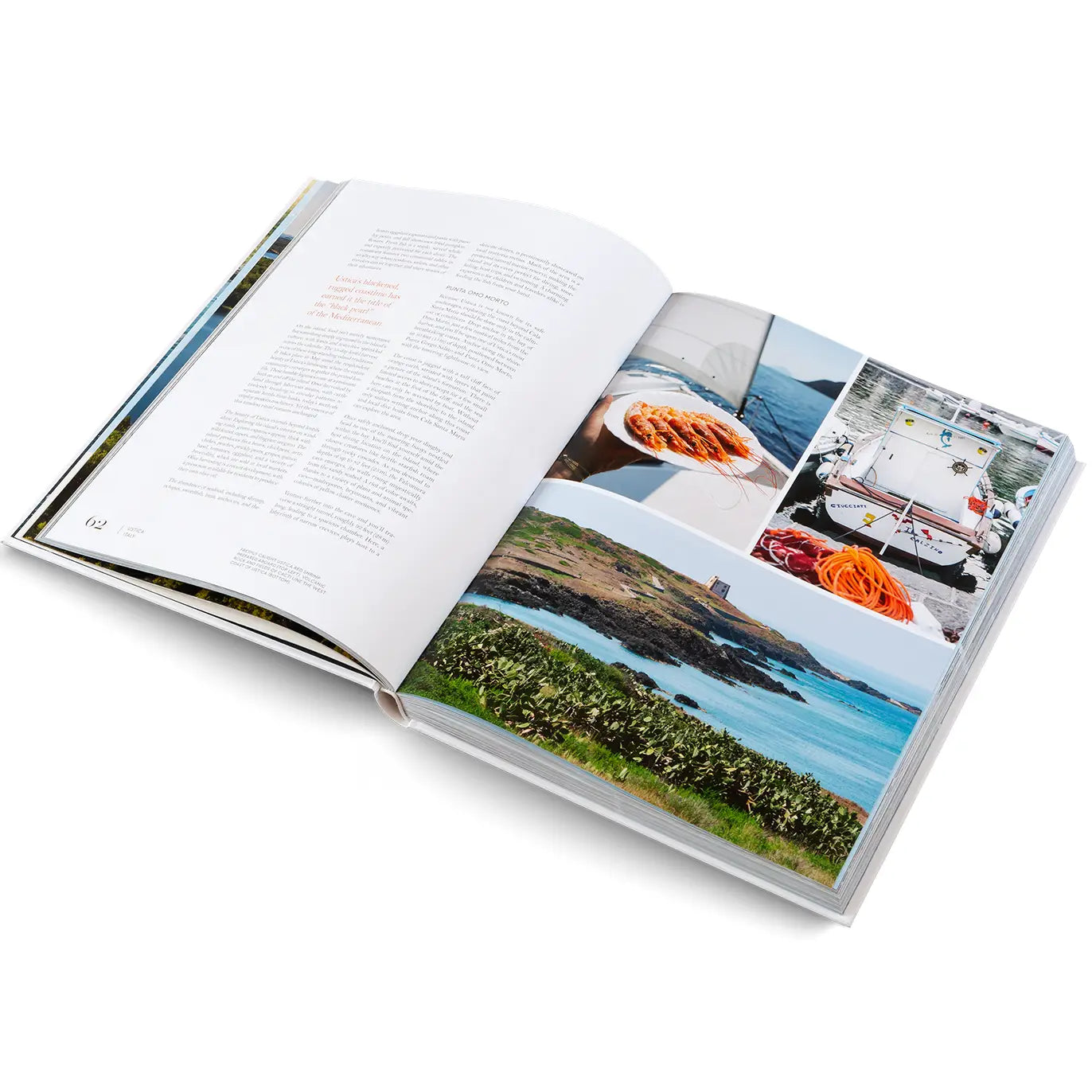 Open book with images of a coastal scene and food on a white background