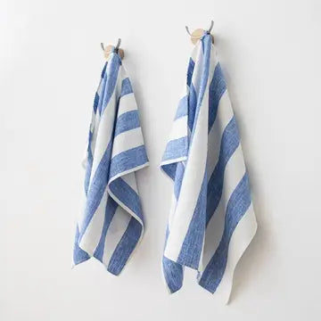 blue and white wide striped dish towels