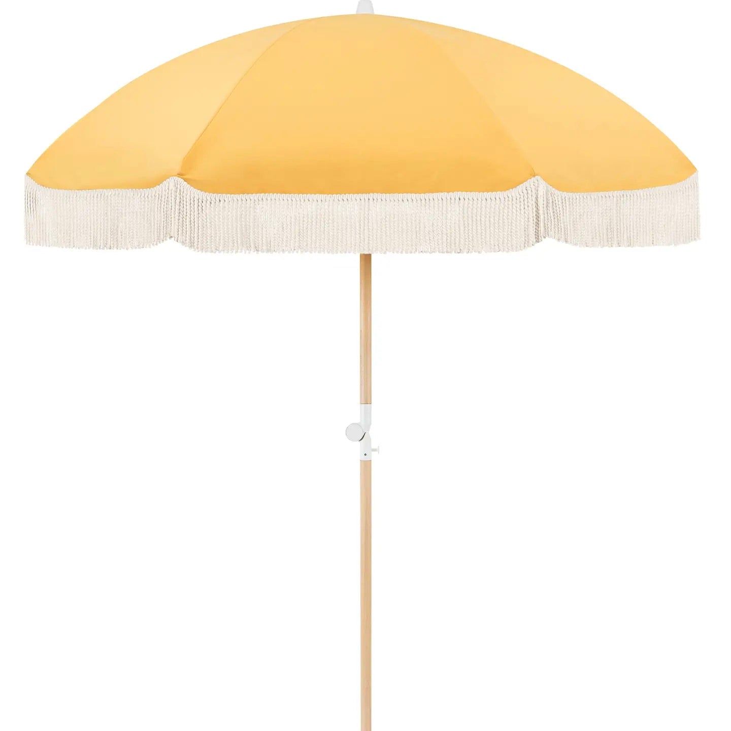 A golden yellow beach umbrella with a white trim, displayed against a white background.