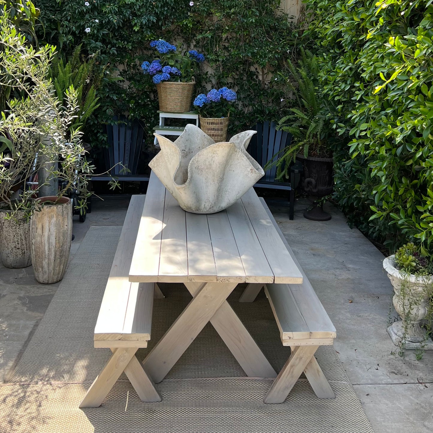 redwood picnic table and benches with natural whitewash finish