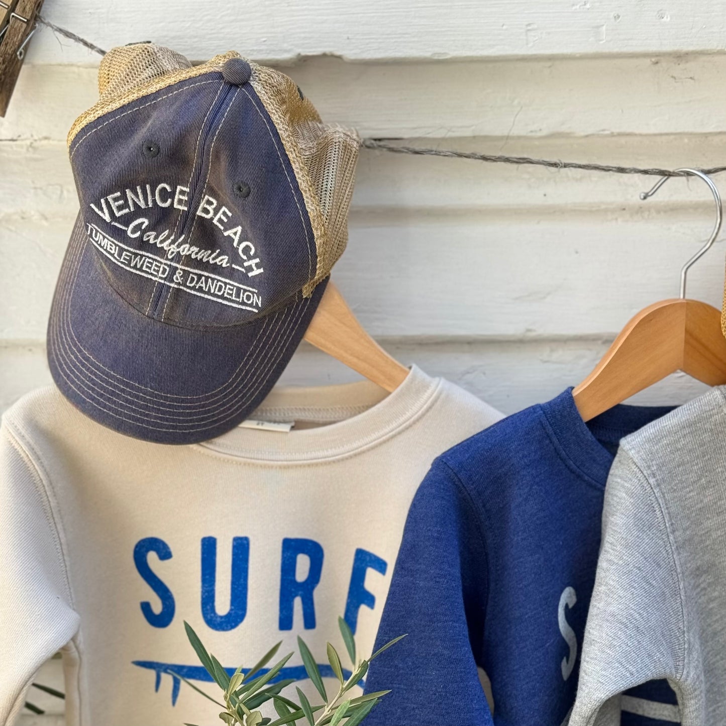 blue youth cap with tan back mesh and Venice Beach California Tumbleweed & Dandelion embroidered on front