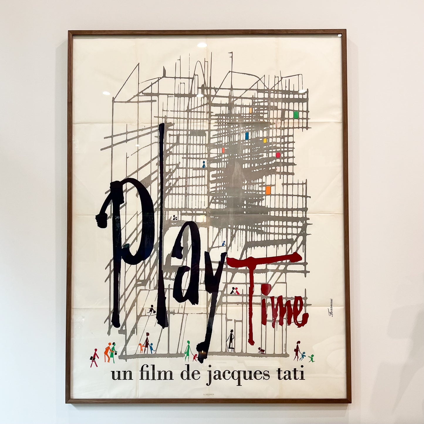 vintage poster of the film "Play Time" with gray geometric pattern and small colorful images of people walking at the bottom
