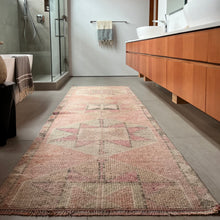 Load image into Gallery viewer, vintage runner rug with geometric pattern in faded pinks and beige