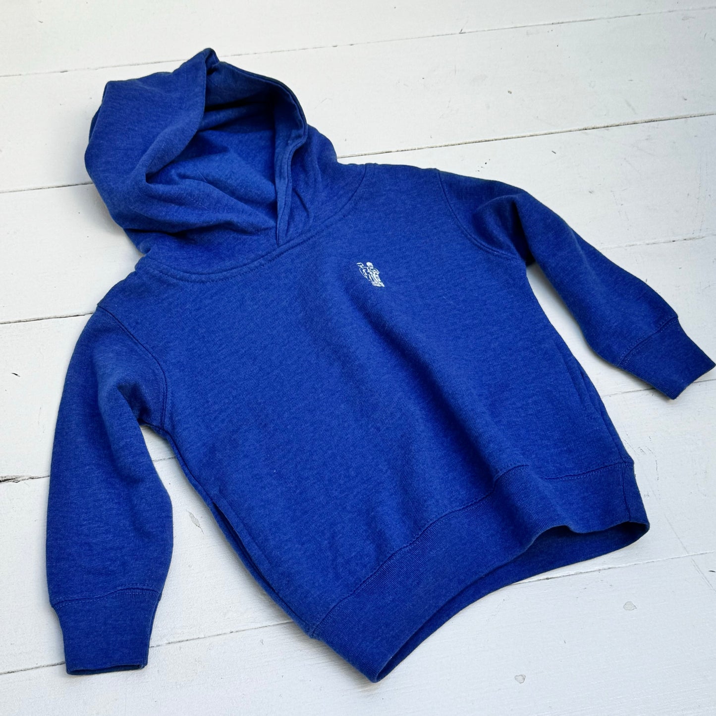 blue toddler hoodie with white T&D icon on front left corner in white