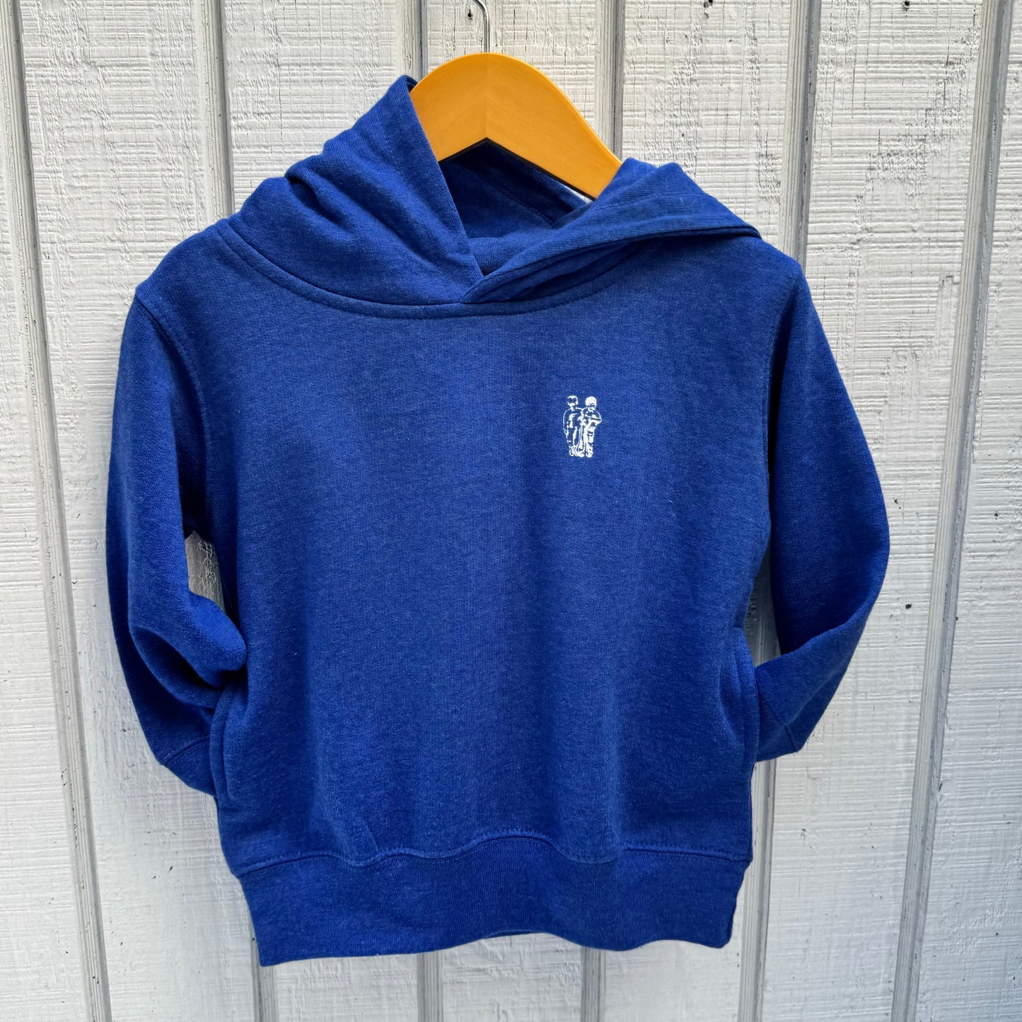 blue toddler hoodie with white T&D icon on front left corner in white