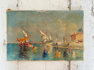 Sailing Ships in Harbor Vintage French Painting