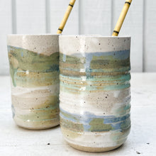 Load image into Gallery viewer, handmade ceramic tumbler with indentation for straw, blue brown and green speckled glazing