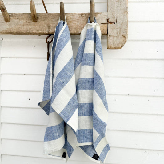 blue and white wide striped dish towels