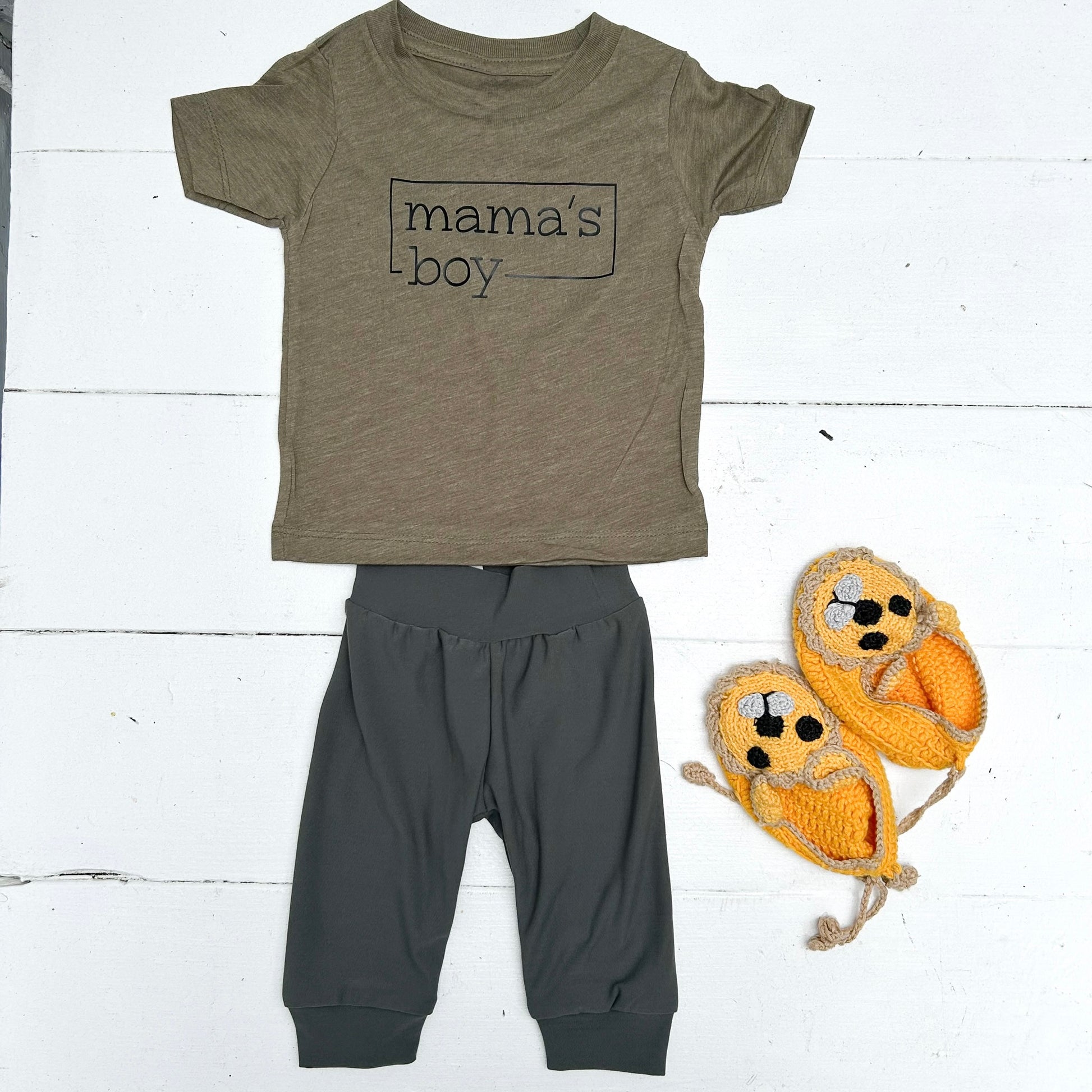 army green kid's tee shirt with MAMA'S BOY written in black and dark gray jogging pants