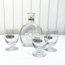 Load image into Gallery viewer, vintage French Ricard clear glass bottle with three short stemmed glasses with Ricard logo