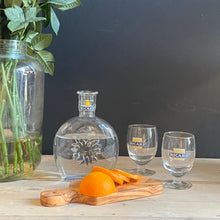 Load image into Gallery viewer, vintage French Ricard clear glass bottle with three short stemmed glasses with Ricard logo