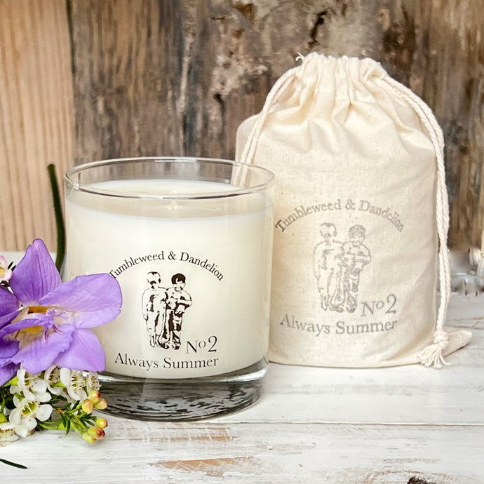 ALWAYS SUMMER clear candle with black Tumbleweed & Dandelion logo