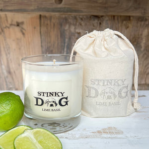 STINKY DOG logo on clear glass candle