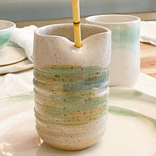 Load image into Gallery viewer, handmade ceramic tumbler with indentation for straw, blue brown and green speckled glazing