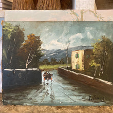 Load image into Gallery viewer, Vintage painting of two people on a boat on narrow river with mountains in the background