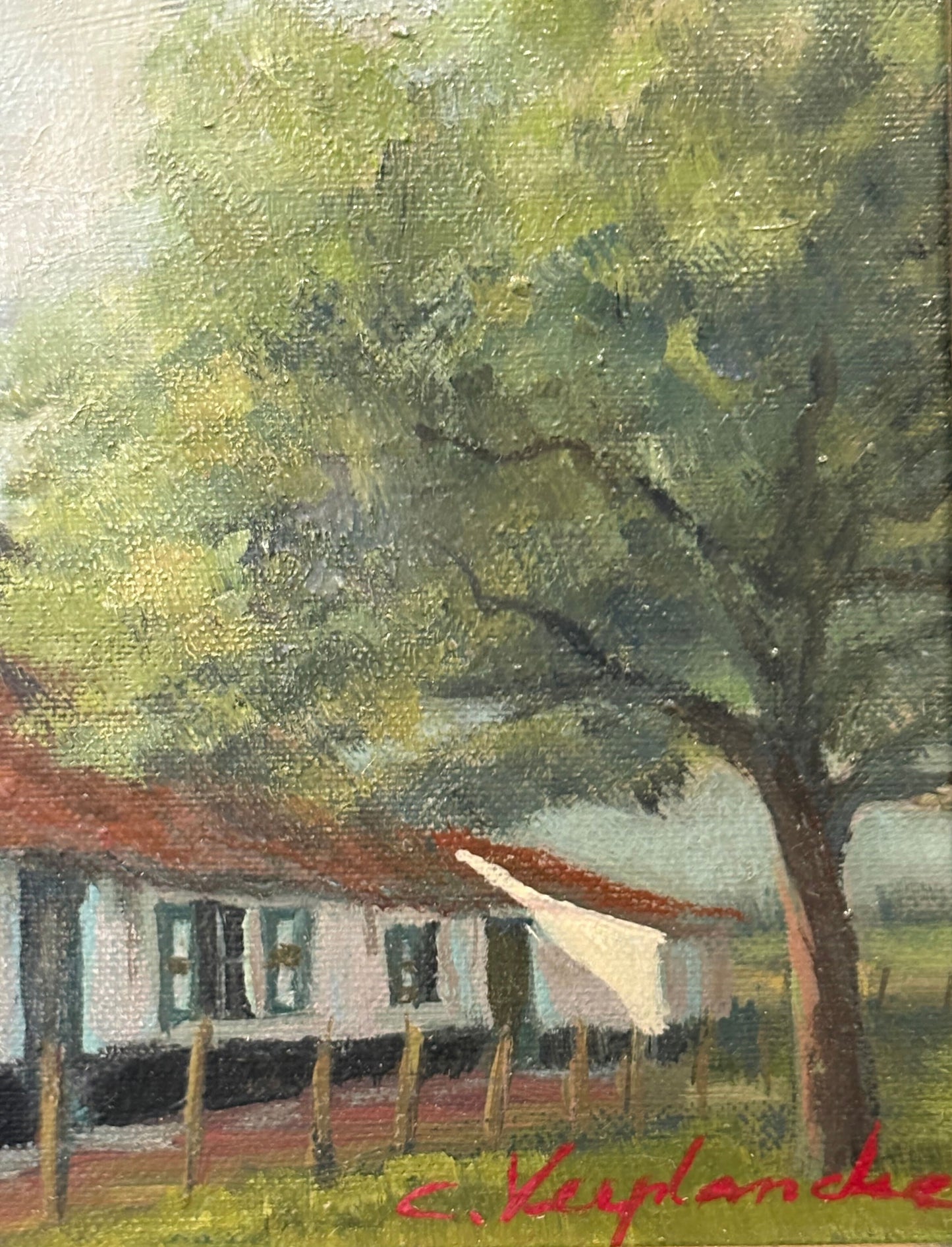 Painting of a house with a tree in the foreground