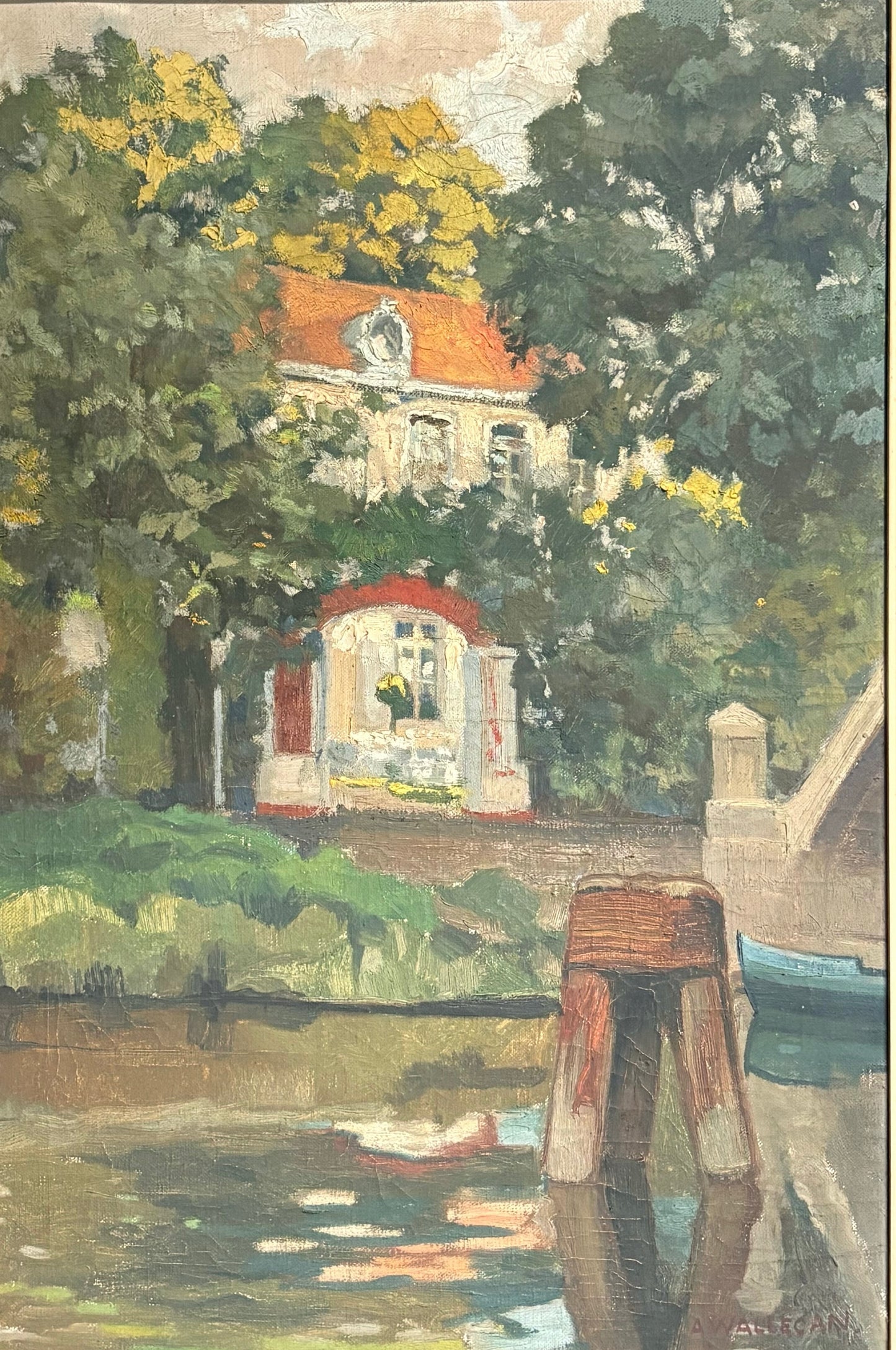 Painting of a small building by a river with trees in the background