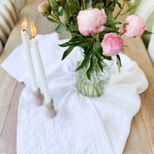 Load image into Gallery viewer, linen white table cloth on wood table with pink flowers and taper candles