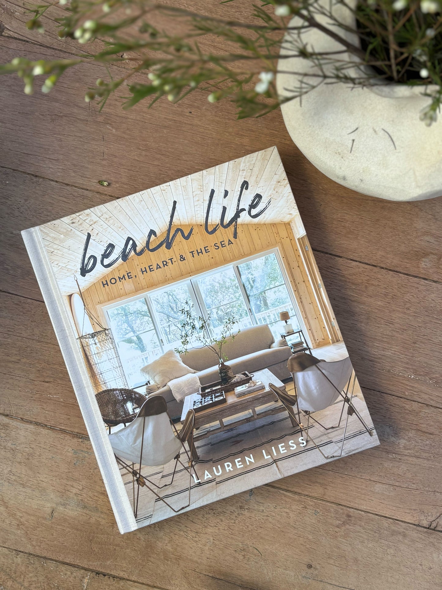 Book titled 'Beach Life' by Lauren Liess on a wooden surface with a plant in the background.