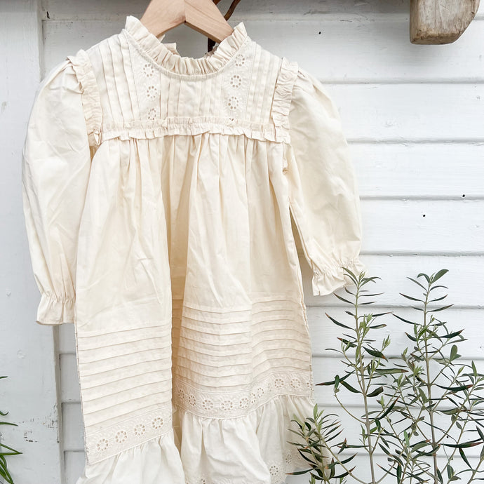 off white cotton toddler long sleeve dress with ruffle collar