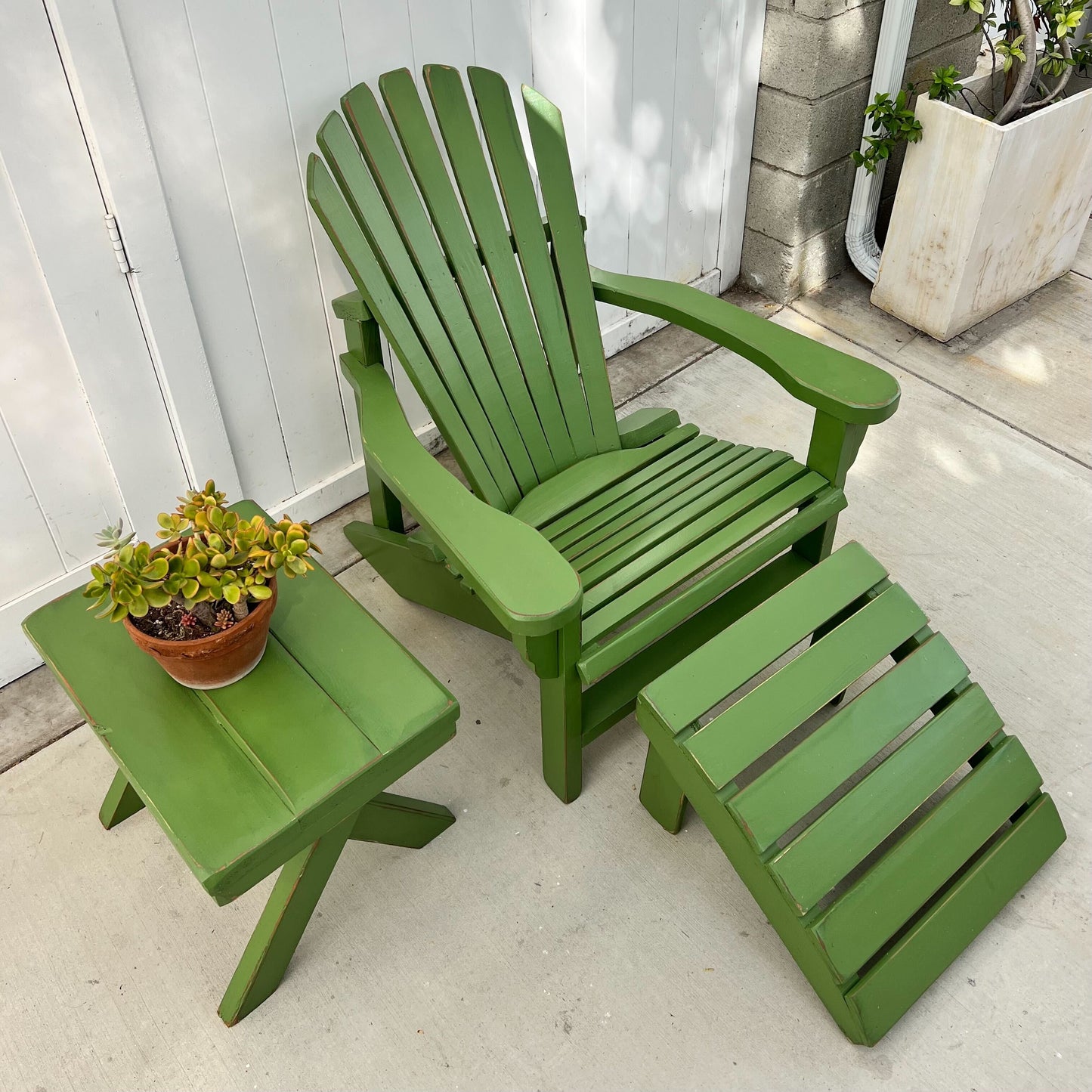 grass green painted Adirondack chair with ottoman and side table