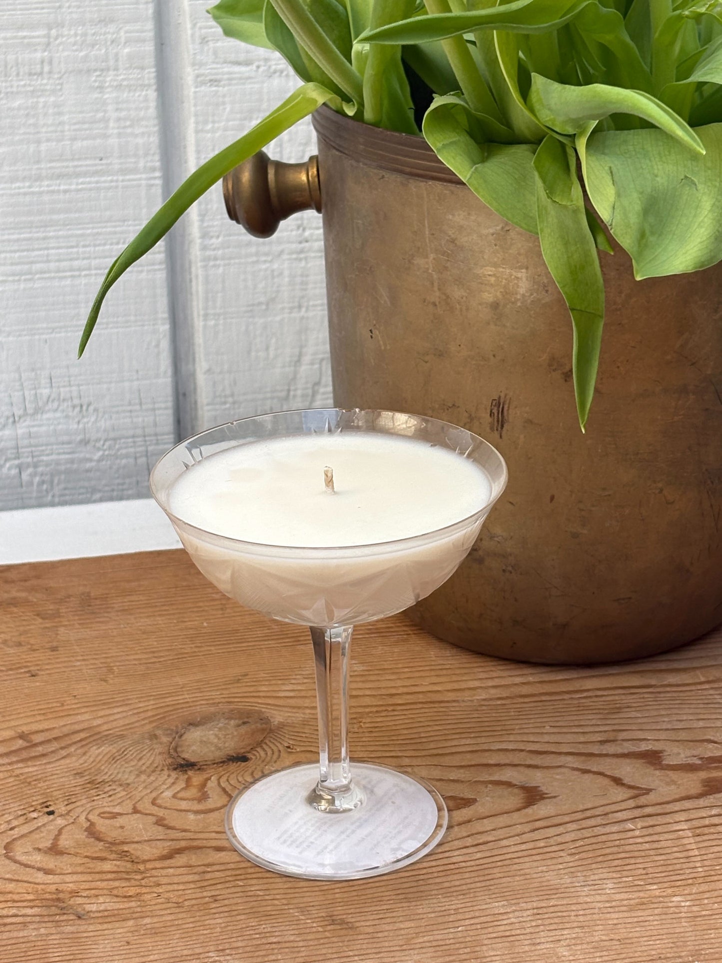 Candle in a glass holder on a wooden surface with a plant in the background