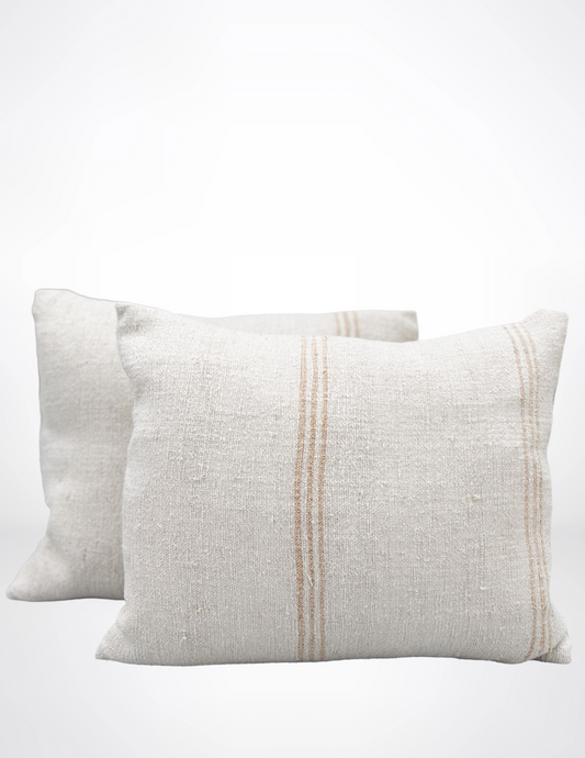 Two light gray pillows with subtle gold stripes on a white background