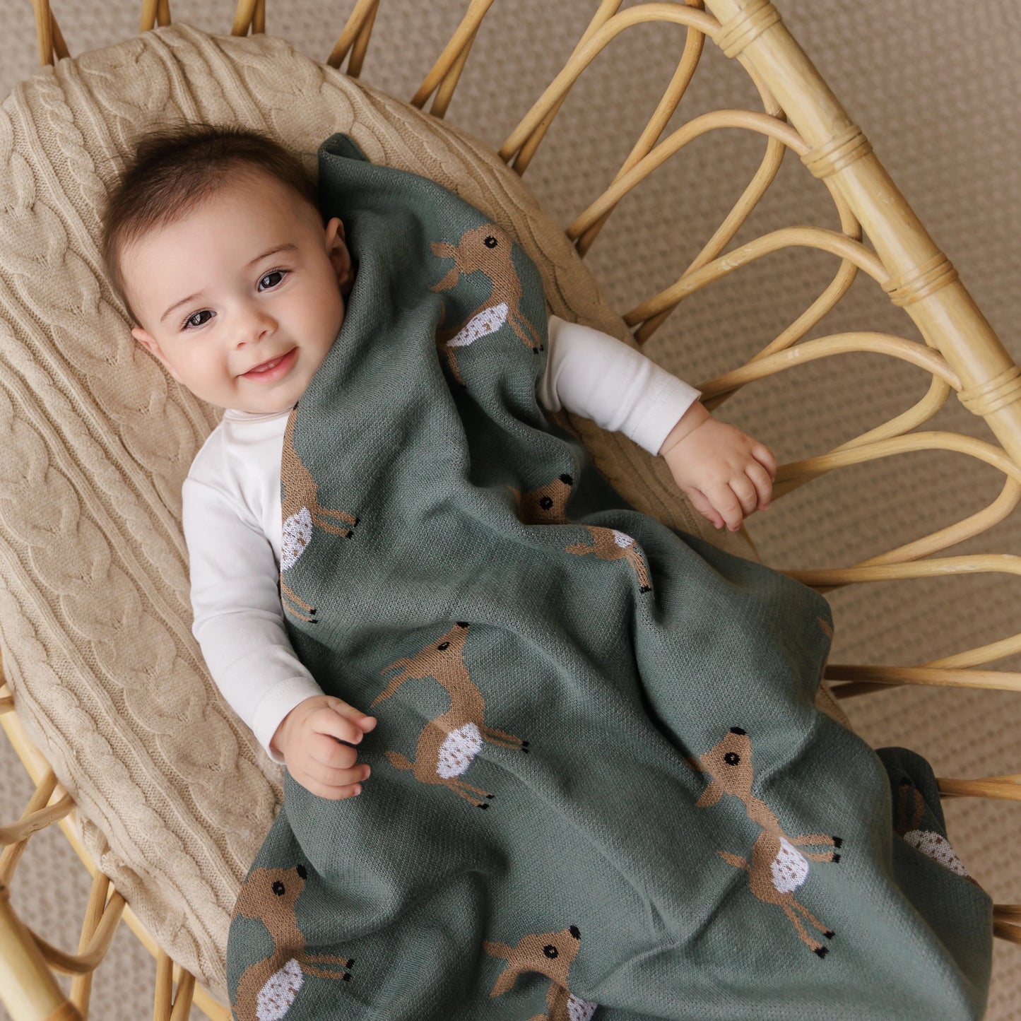 forest green baby blanket with brown deer