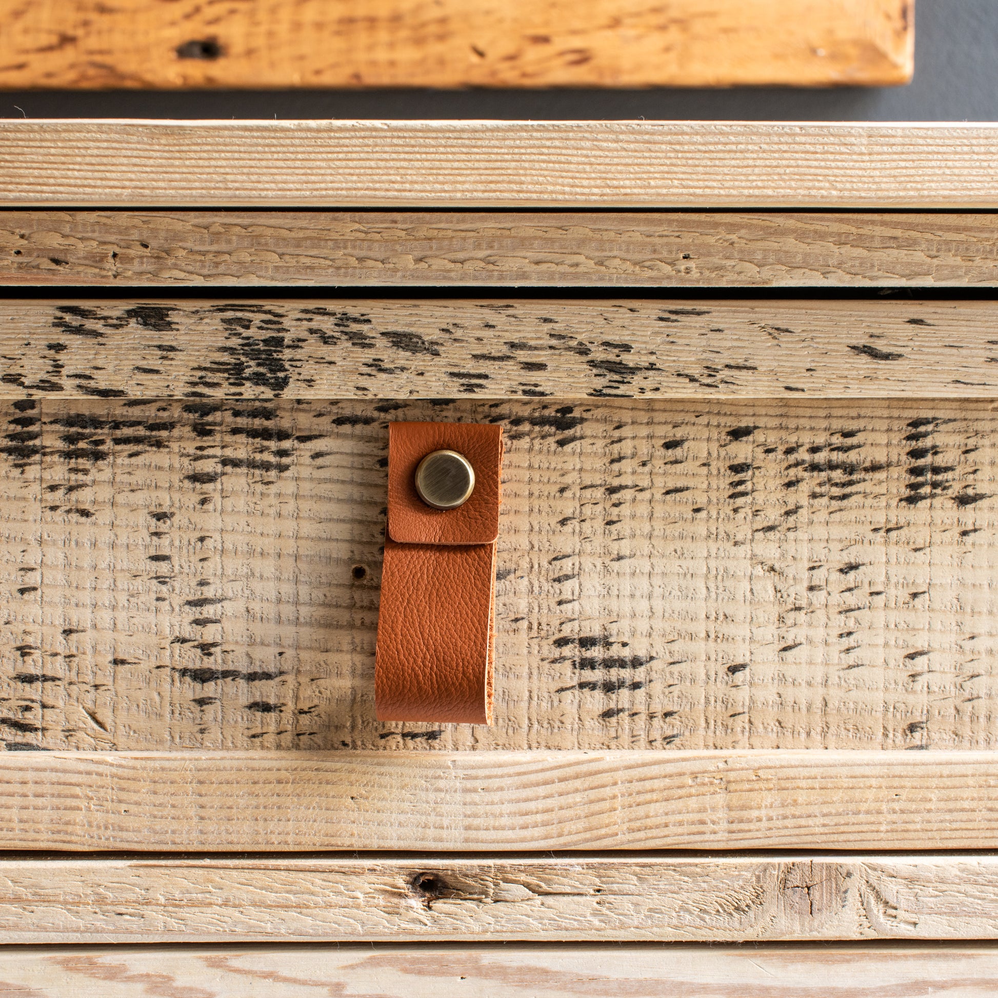 rustic pine wood five drawer dresser with leather handles