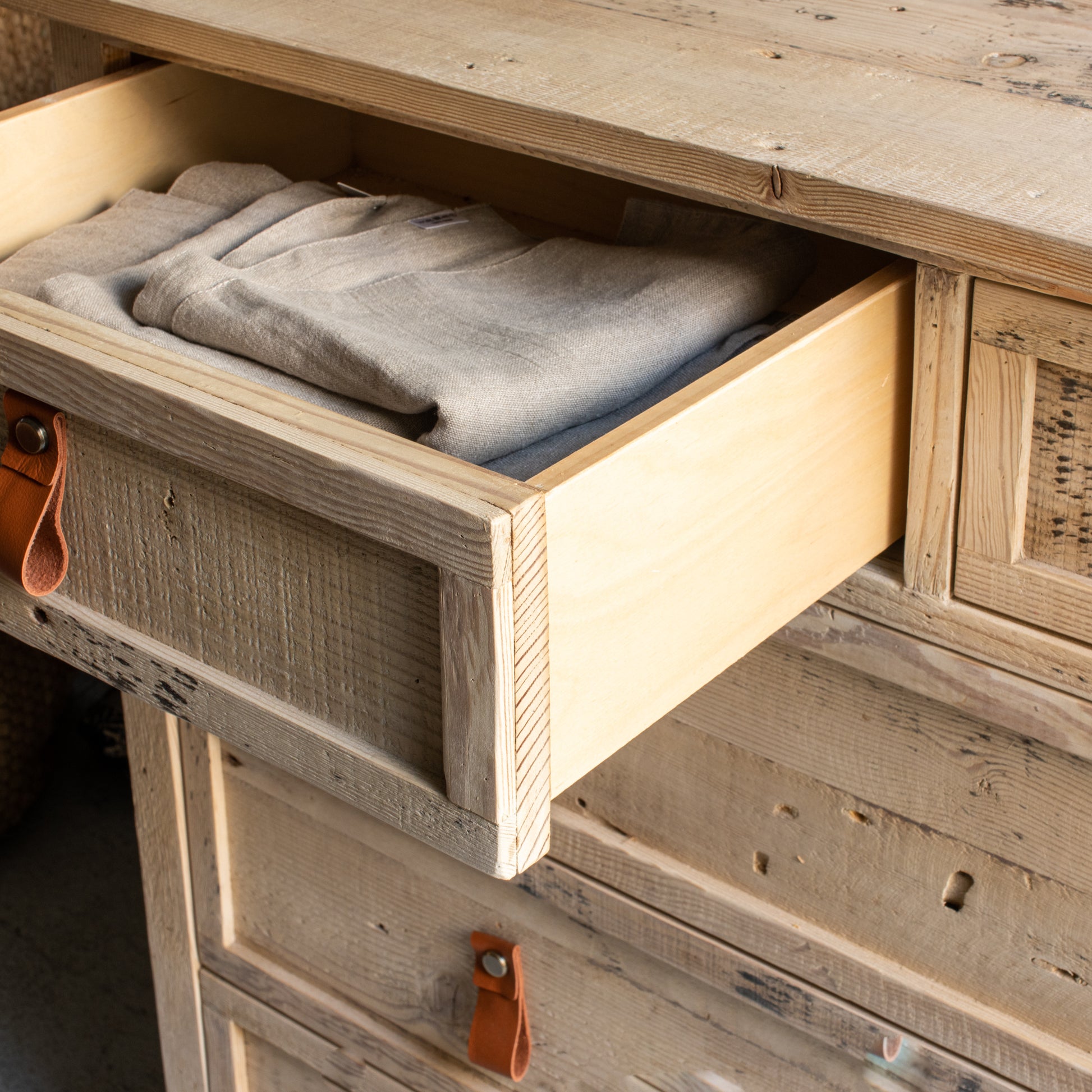 rustic pine wood five drawer dresser with leather handles