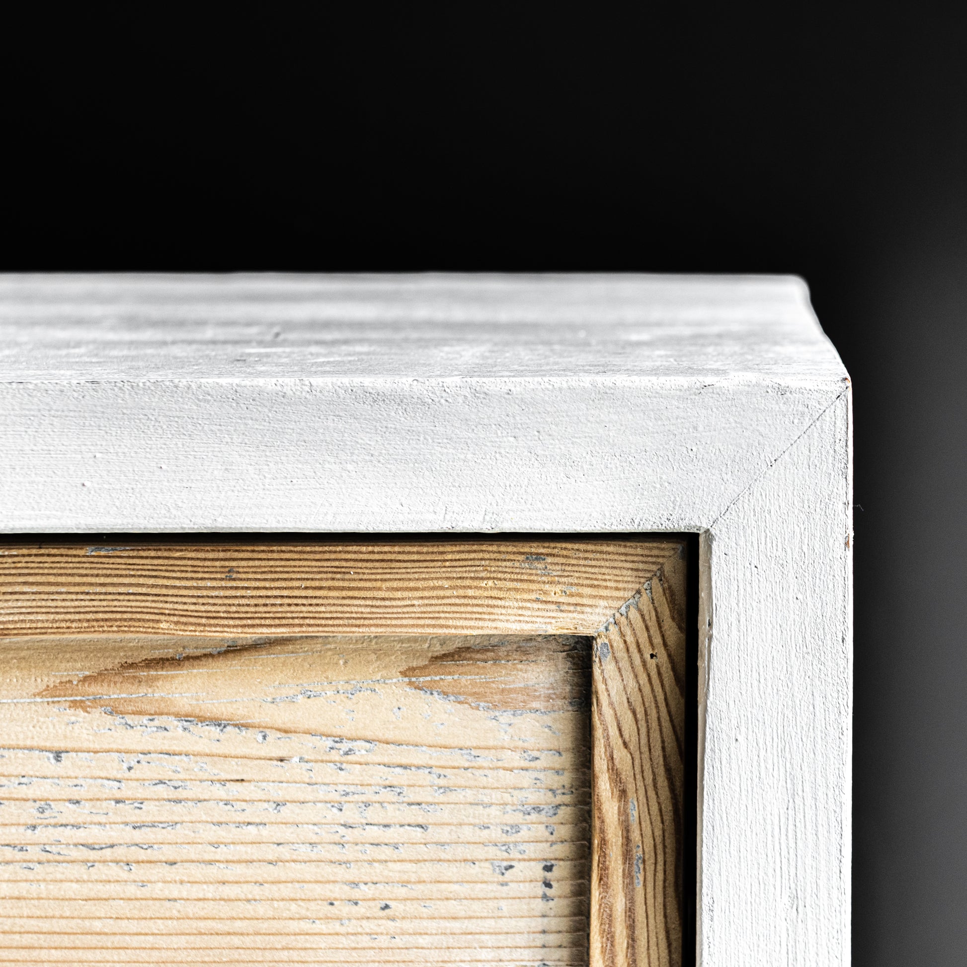 white and natural wood  cube nightstand with brown leather handle