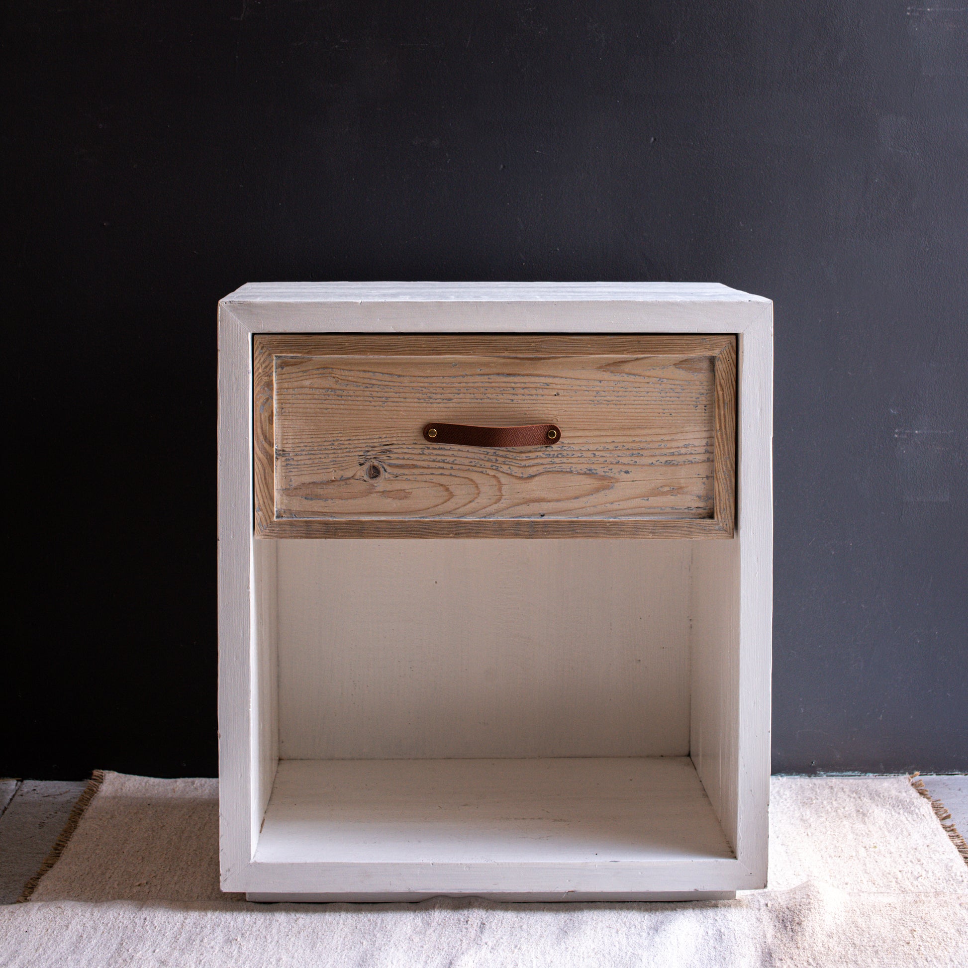 white and natural wood  cube nightstand with brown leather handle