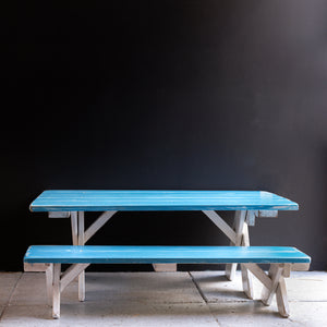 kids painted picnic table and benches with turquoise top and white bottom