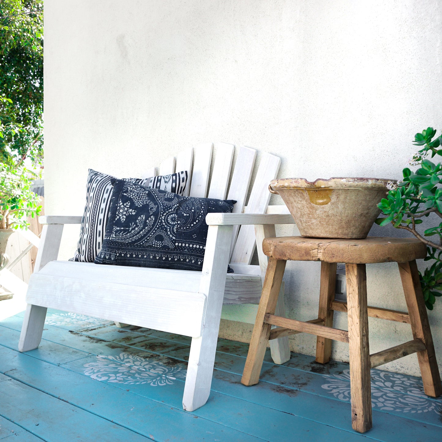 white washed wood patio loveseat