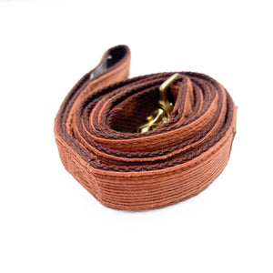 light brown corduroy fabric dog lead with brass hardware clip