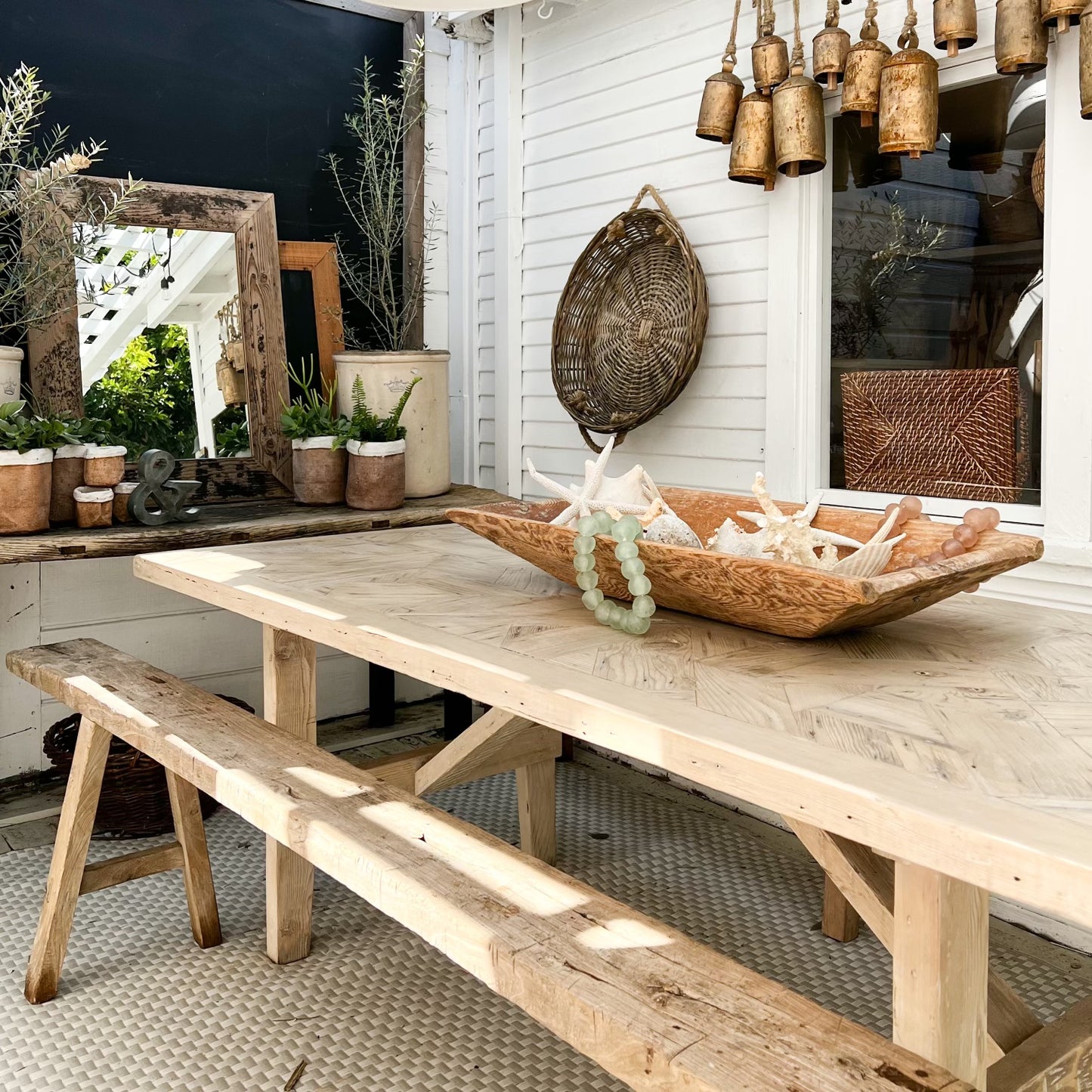 rustic dining table with repurposed wood, light bleached finish
