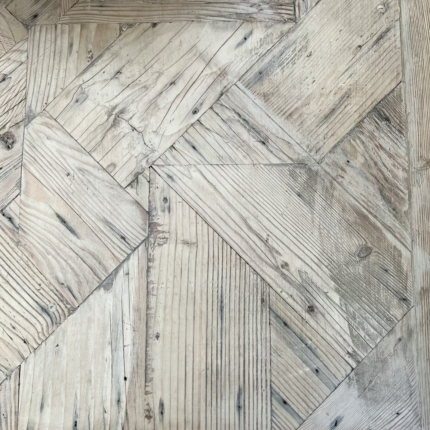 rustic dining table with repurposed wood, light bleached finish