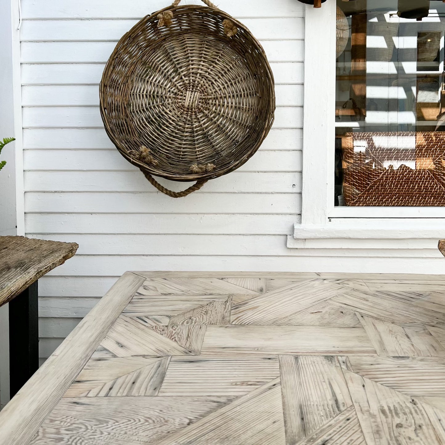 rustic dining table with repurposed wood, light bleached finish