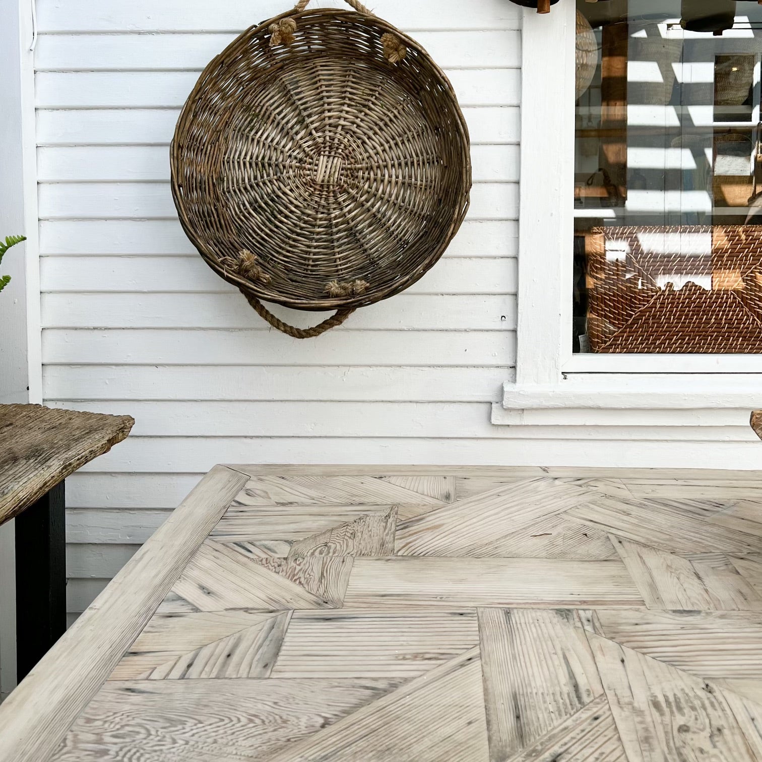 rustic dining table with repurposed wood, light bleached finish