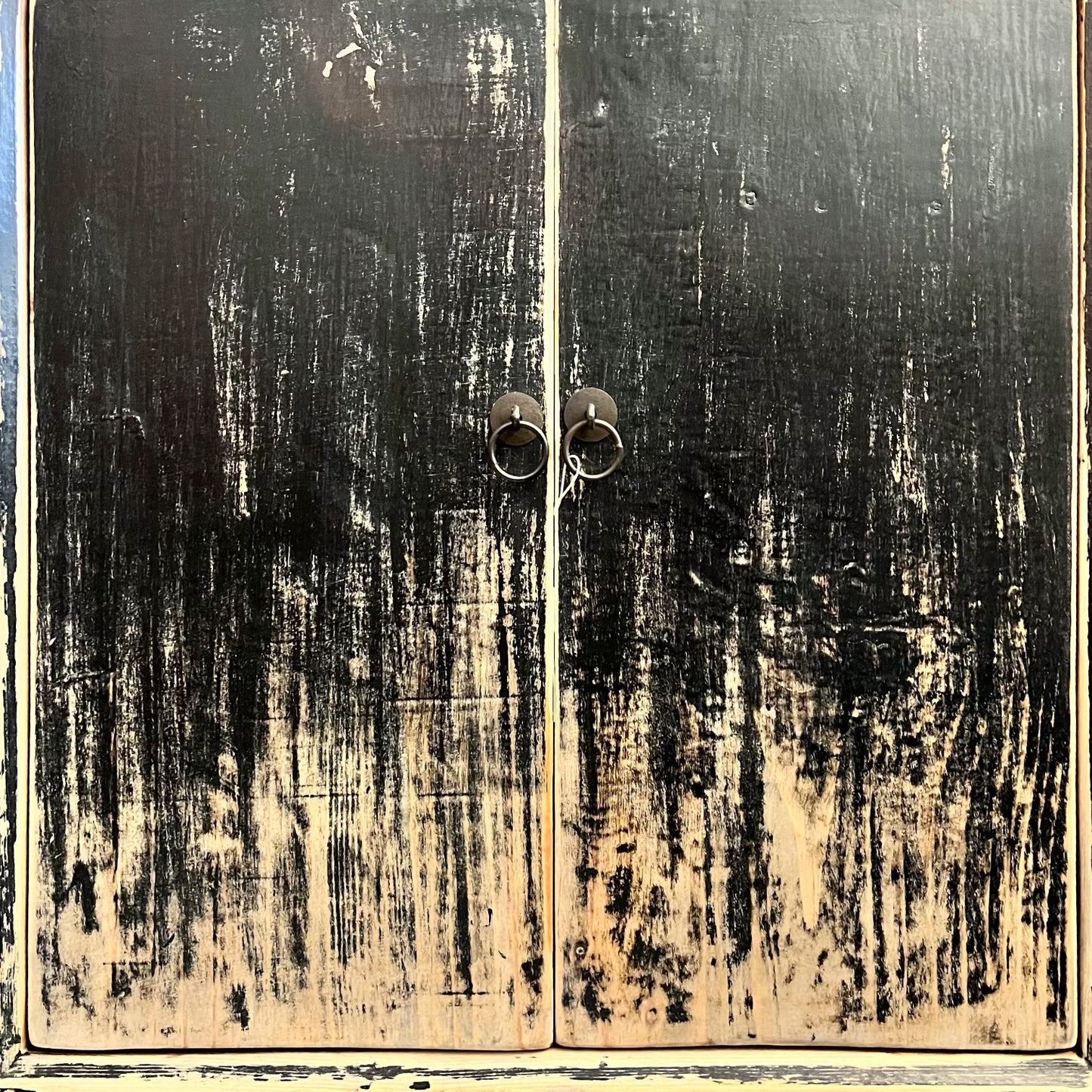 wood nightstand, two doors, distressed black  rustic paint finish