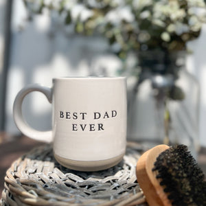 off white stoneware mug with black letters that say "Best Dad Ever"