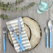 Load image into Gallery viewer, stainless steel silverware set, teaspoon, soup spoon, salad fork, dinner fork and knife, with blue handles