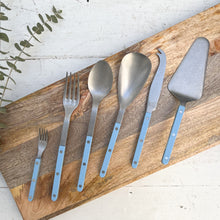 Load image into Gallery viewer, stainless steel serving set of small fork, serving fork, serving spoon, rice spoon, cheese knife and pie server, all with light blue handles