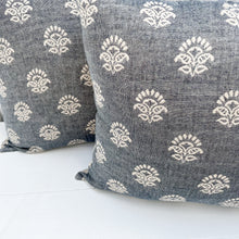 Load image into Gallery viewer, square pillow with pale denim blue-like fabric with white pattern