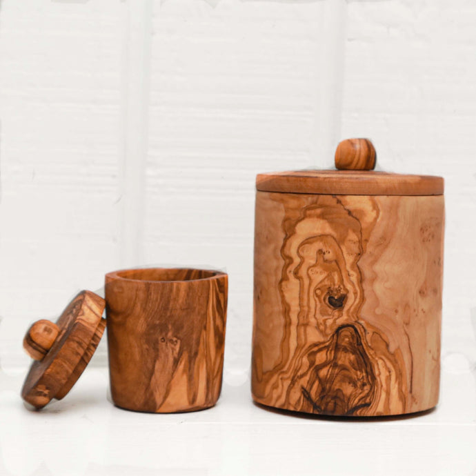 large olive wood spice container with lid