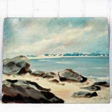 Load image into Gallery viewer, painting of sandy shoreline with large rocks and coastline off in the distance