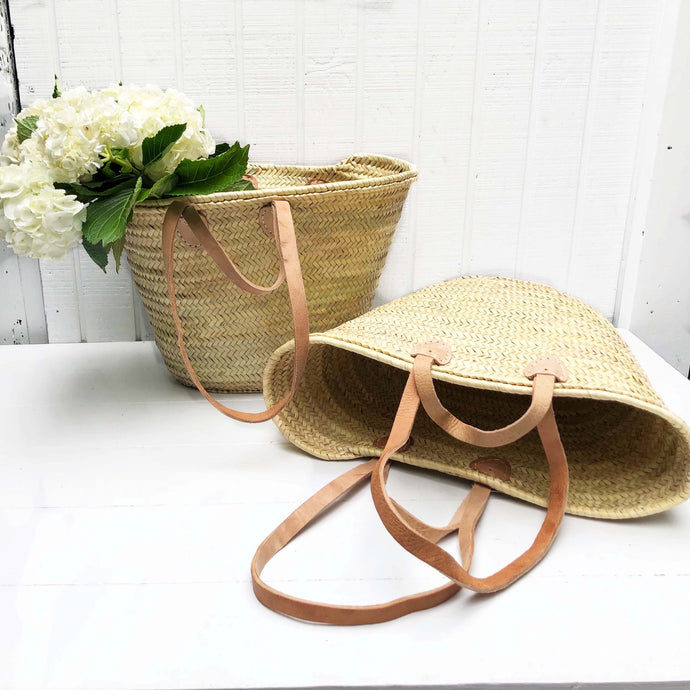 wicker tote basket with long leather handles